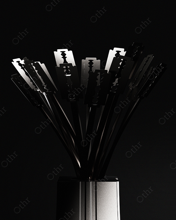 Bouquet of Razor Blades in Metal Vase on Black Background – Conceptual Still Life