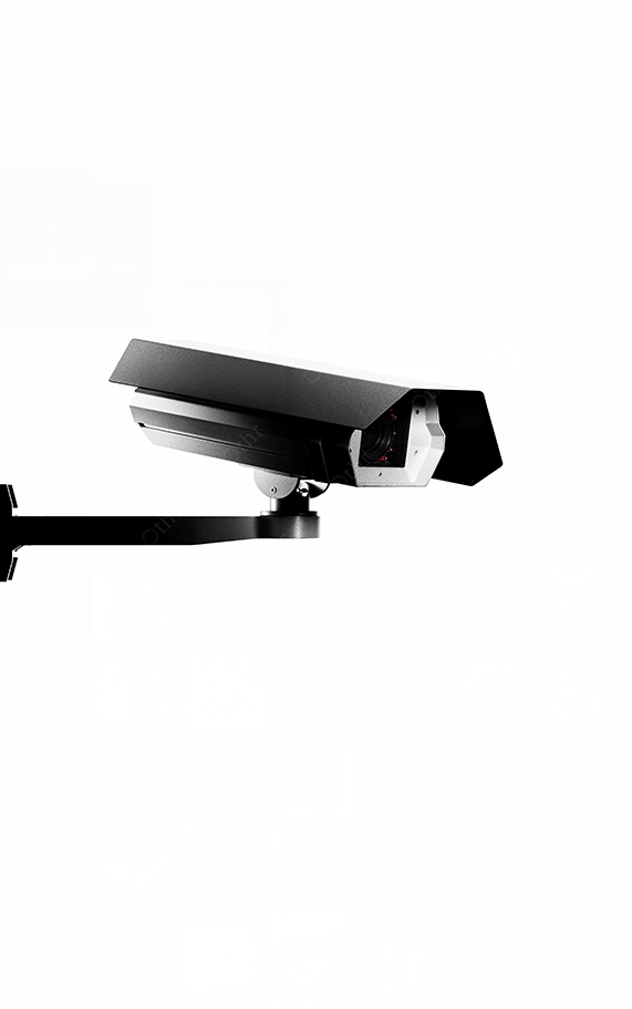 Single Surveillance Camera Mounted on Wall Against White Background – Minimalist Composition