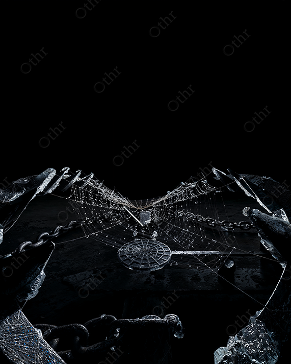 Bear Trap With Spider Web and Dew Drops on Black Background – Conceptual Still Life
