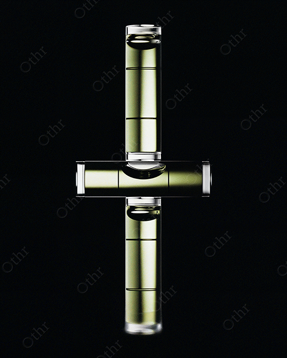 Intersecting Spirit Levels Forming a Cross Shape on Black Background – Conceptual Still Life