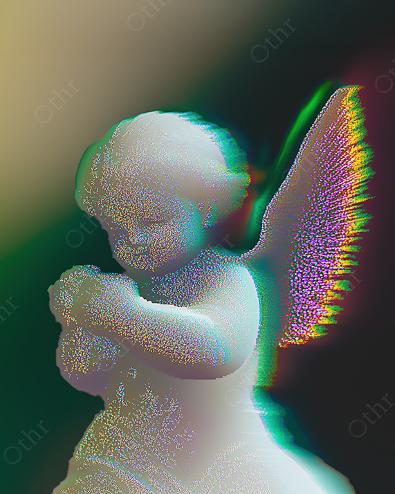 Digital Sculpture of Angel Holding Object With Neon-Glowing Wings