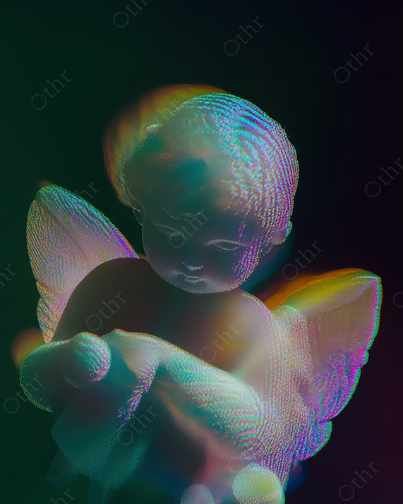 Digital Angel Sculpture With Soft Neon Glow and Folded Wings
