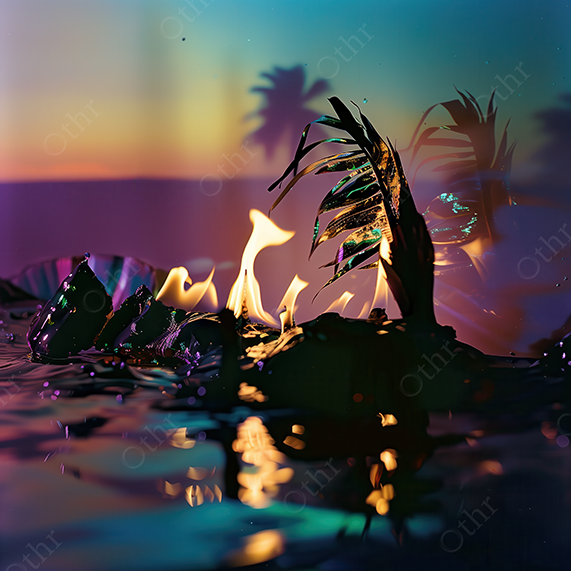 Burning Palm Leaves Reflected on Water Surface at Tropical Sunset