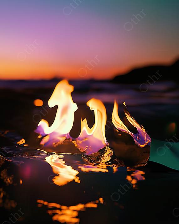 Flames Rising From Water Surface at Sunset With Reflected Light