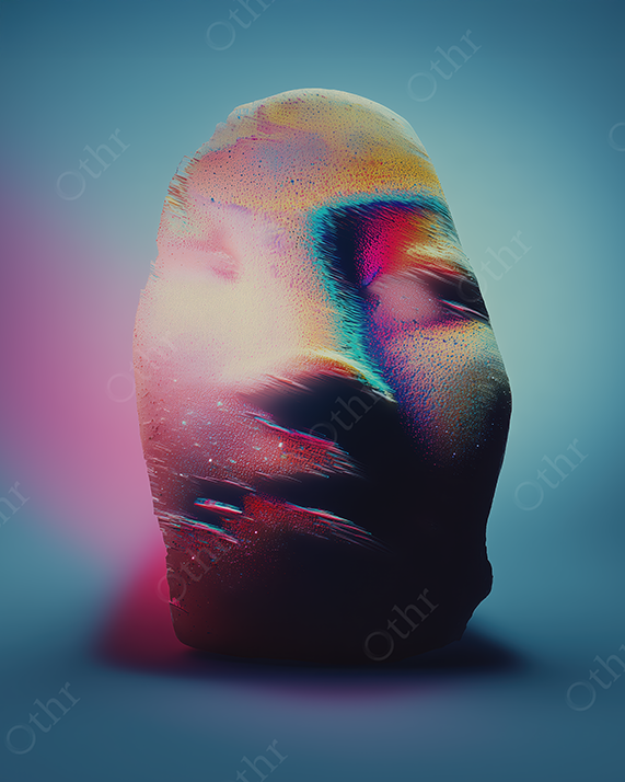 Abstract Stone Sculpture With Human Face and Neon Gradient Lighting