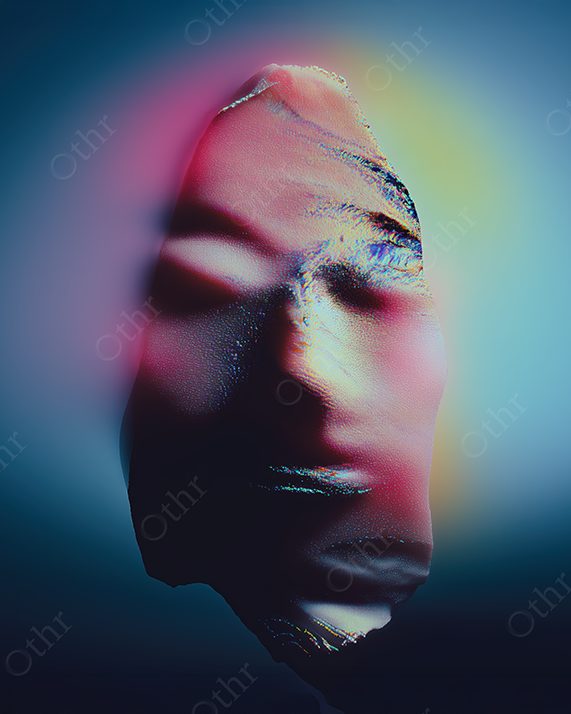 Abstract Human Face Sculpture Illuminated by Neon Light Gradient