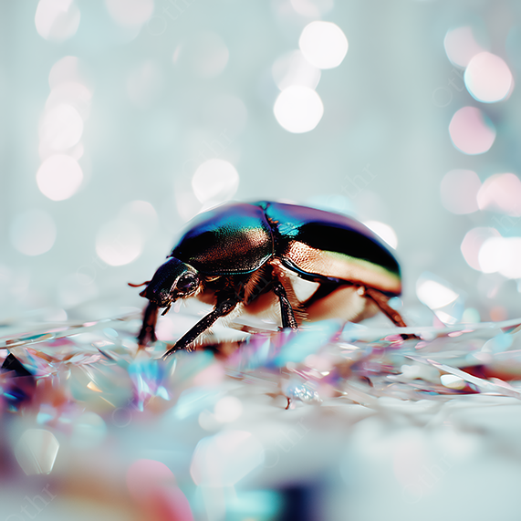 Iridescent Beetle Crawling on Reflective Surface With Bokeh Lights