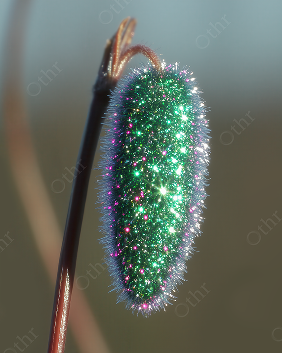 Macro of Glittering Green Seed Pod With Soft Sunlight and Bokeh Background