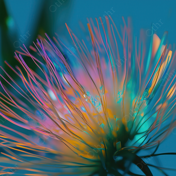 Macro of Radiant Abstract Flower With Neon Filaments and Blue Background