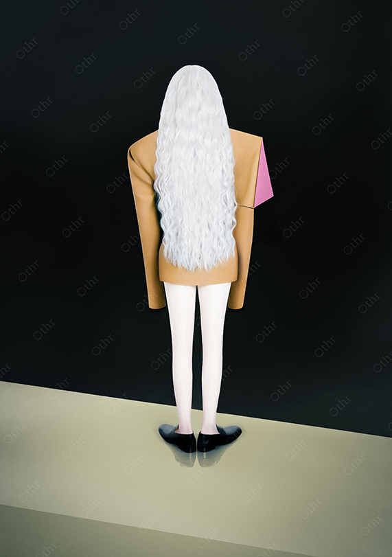 Back View of Person With Long White Hair Wearing Tan Blazer and White Tights Against Black Background