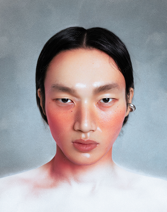 Close-Up Portrait of Man With Glossy Skin and Red Blush Against Soft Grey Background