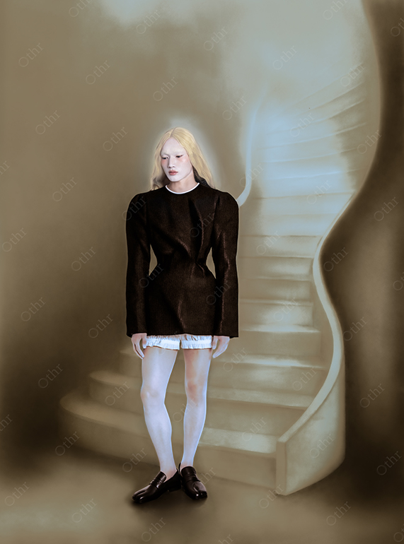 Person With Blonde Hair in Black Outfit Standing Beside Curved Staircase With Soft Light