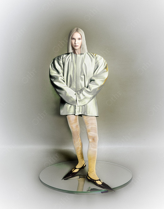 Woman in Silver Oversized Jacket With Yellow Stockings Standing on Circular Reflective Platform