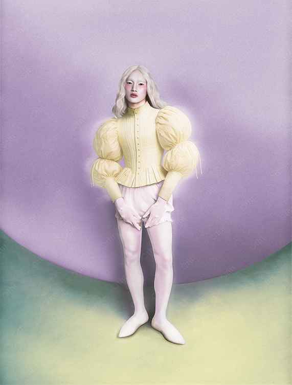 Person With Blonde Hair Wearing Pale Yellow Puff-Sleeve Top and White Gloves Against Lavender Background