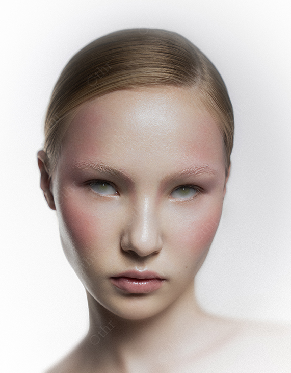 Close-Up Portrait of Woman With Pale Eyes and Minimal Makeup Against Soft White Background