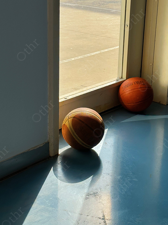 Two Basketballs Resting by Sunlit Door on Blue Indoor Court