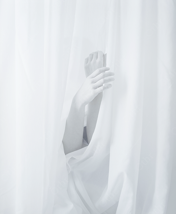 Minimalist Composition of Hands Emerging Through White Fabric Curtains