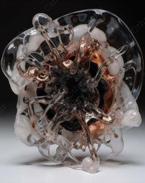 Transparent Glass Sculpture With Copper and White Accents – Abstract Form