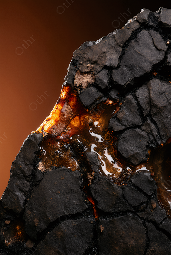 Molten Amber Flowing Through Cracked Black Rock – Macro Abstract