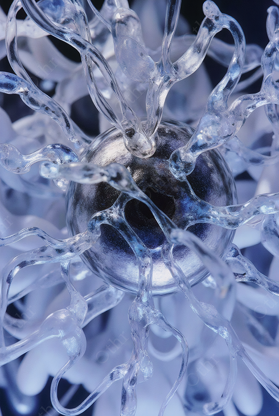 Metallic Sphere Surrounded by Clear Glass Tendrils – Abstract Blue Composition