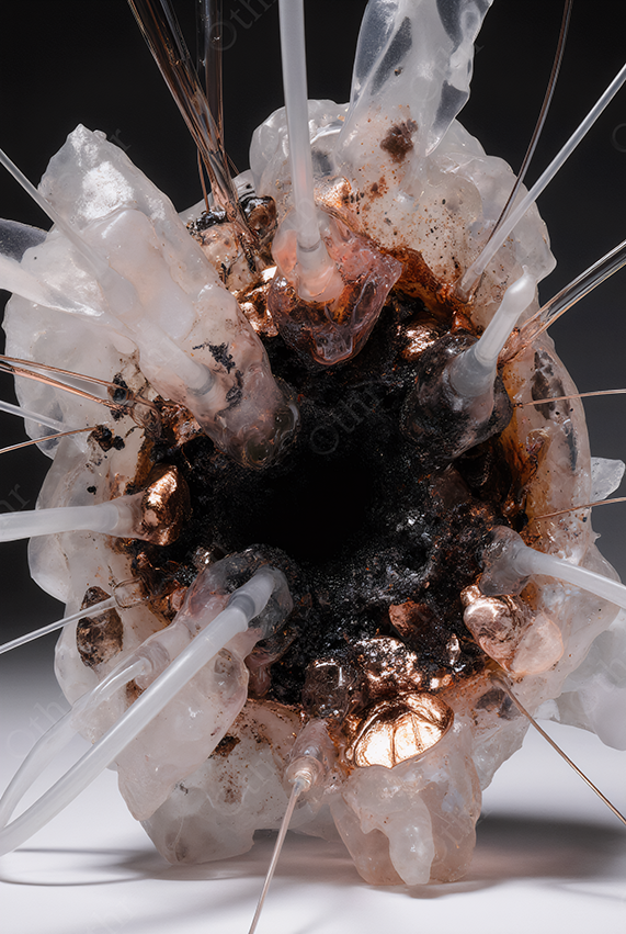 Copper and Resin Structure With Tubes and Translucent Textures – Abstract Sculpture