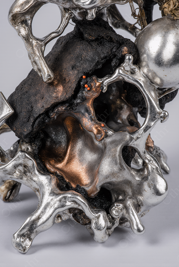 Silver and Copper Fusion Sculpture With Charred Textures – Abstract Metallic Form