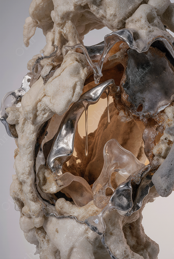 Silver and Resin Drips Within Porous White Structure – Abstract Organic Sculpture