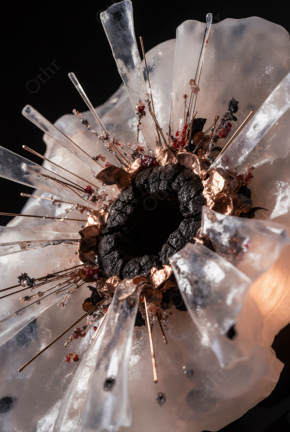 Resin and Metal Structure With Radiating Rods and Charred Core – Abstract Sculpture