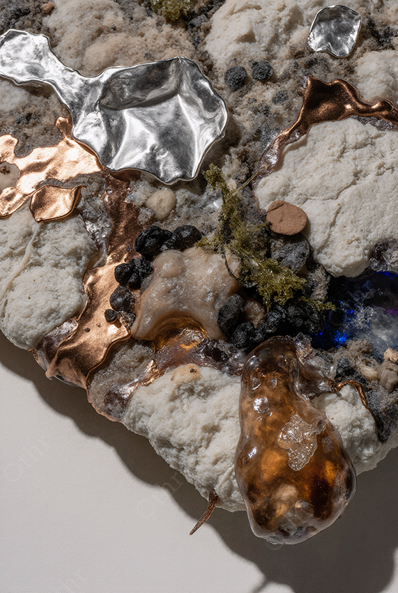 Metallic and Organic Elements on Textured Surface – Abstract Mixed Media Composition