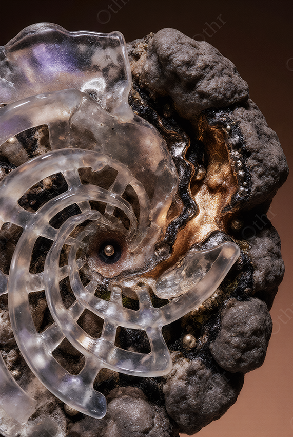 Translucent Spiral Resin Form Embedded in Textured Metallic Rock – Abstract Structure