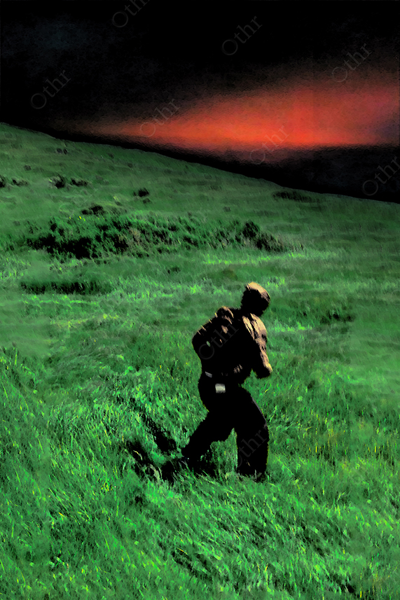Person Walking Through Green Hillside Under Dark Sky With Red Horizon Glow