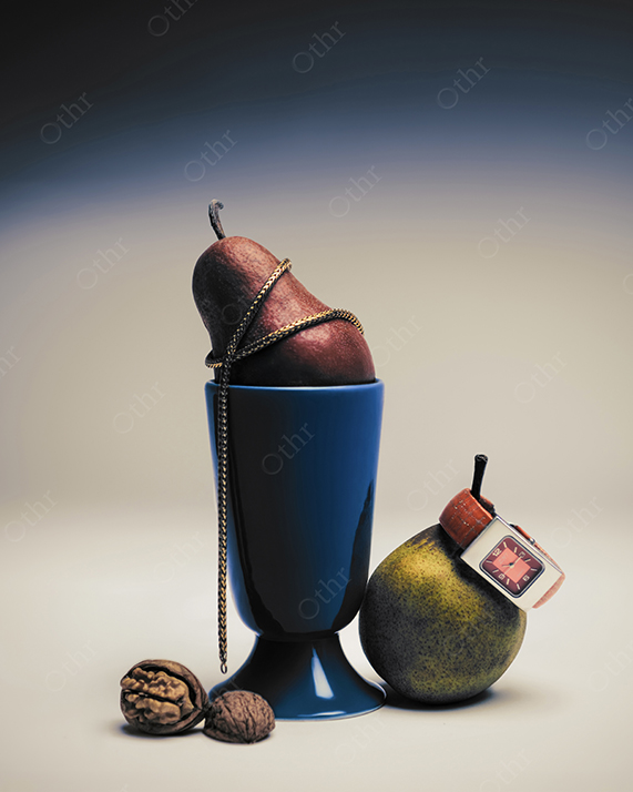Still Life With Pears, Blue Goblet, Gold Chain and Watch Against Soft Gradient Background