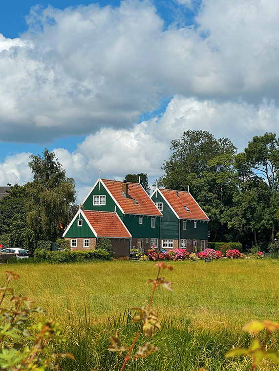 Green Countryside Houses Under Bright Clouds in a Meadow