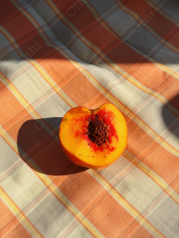 Half Peach on Checked Fabric in Warm Sunlight