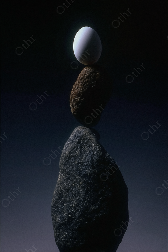 White Egg Balancing on Stacked Stones Against a Dark Gradient Background – Still Life