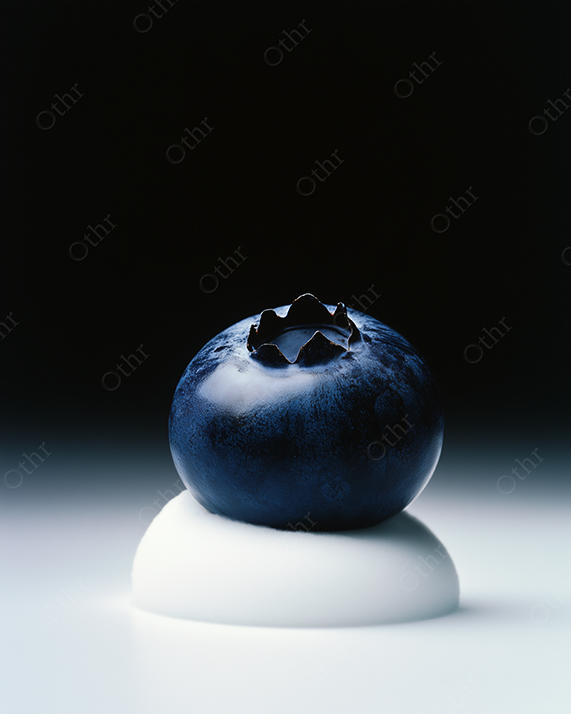 A blueberry with foam beneath it with dramatic studio lighting.