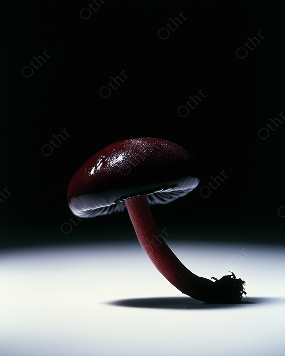 A red toadstool with dramatic studio lighting.