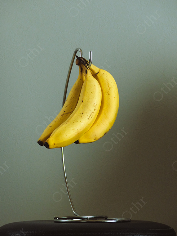 Bananas Hanging on a Metal Stand Against a Neutral Wall