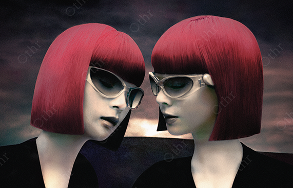 Two Women With Red Bob Haircuts and Sunglasses Facing Each Other Against Dark Clouded Sky