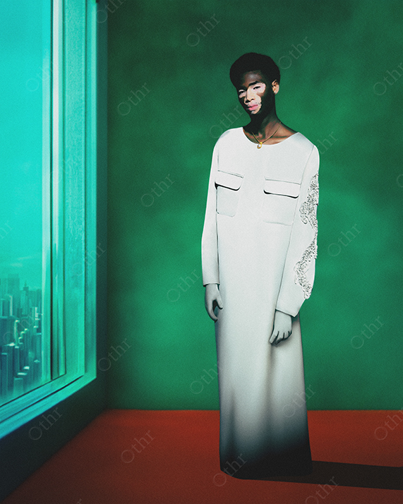 Studio Portrait of Person Wearing Long White Dress Standing Beside Window Against Green Background