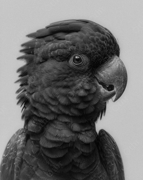Black and White Portrait of Parrot With Textured Feathers Against Light Studio Background