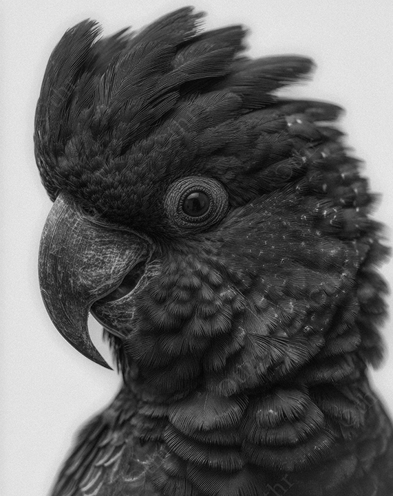 Black and White Close-Up Portrait of Parrot With Layered Feathers Against Light Studio Background