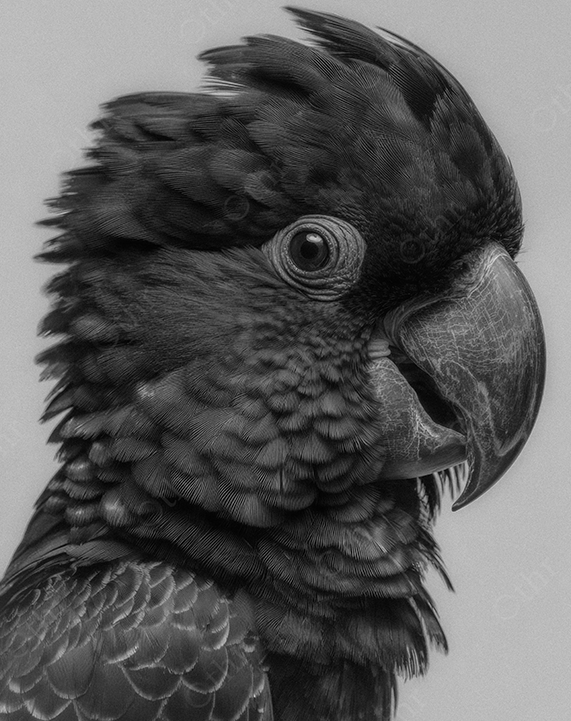 Black and White Side Profile Portrait of Parrot With Detailed Feather Texture Against Light Background