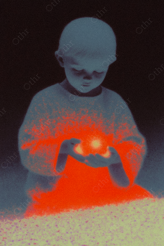 Surreal Child Figure Holding Glowing Light Against Dark Abstract Background