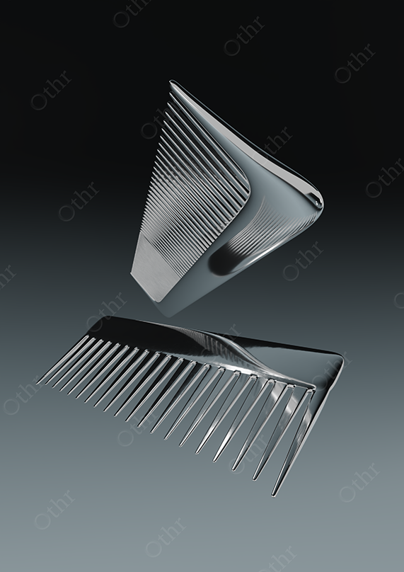 Floating Chrome Hair Combs Against Dark Gradient Background – Still Life