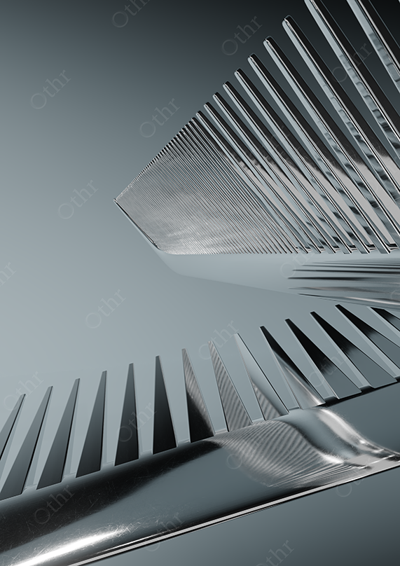 Close-Up of Chrome Hair Comb Teeth Forming Abstract Geometric Lines on Grey Background