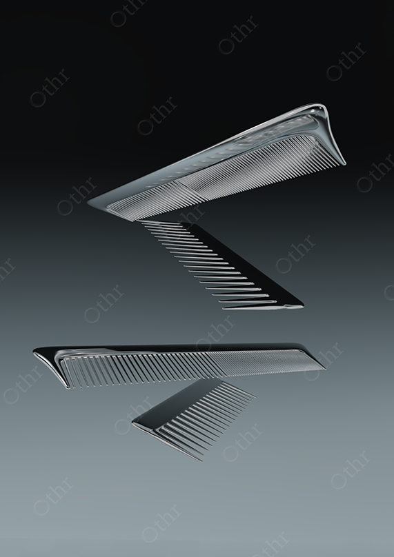 Two Chrome Hair Combs Floating in Zigzag Alignment Against Dark Gradient Background – Still Life