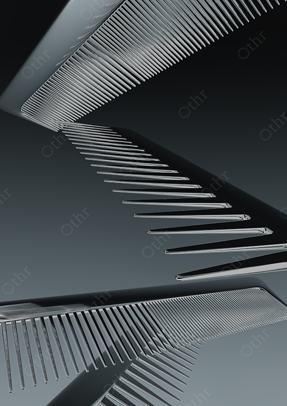 Diagonal Close-Up of Chrome Hair Comb Teeth Creating Abstract Zigzag Pattern on Dark Background