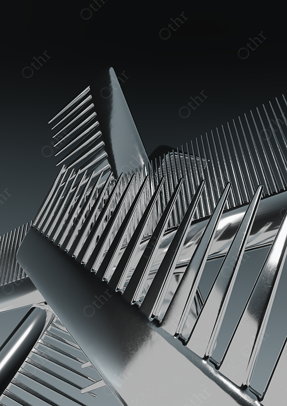 Close-Up of Intersecting Chrome Hair Combs Forming Layered Geometric Structure on Dark Background