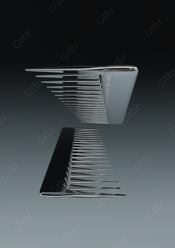 Two Chrome Hair Combs Floating in Offset Vertical Alignment Against Dark Gradient Background – Still Life